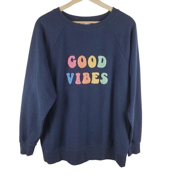 Wildfox Sweatshirt Womens Small Good Vibes Needlework Navy Blue Crew Oversized - Picture 1 of 7